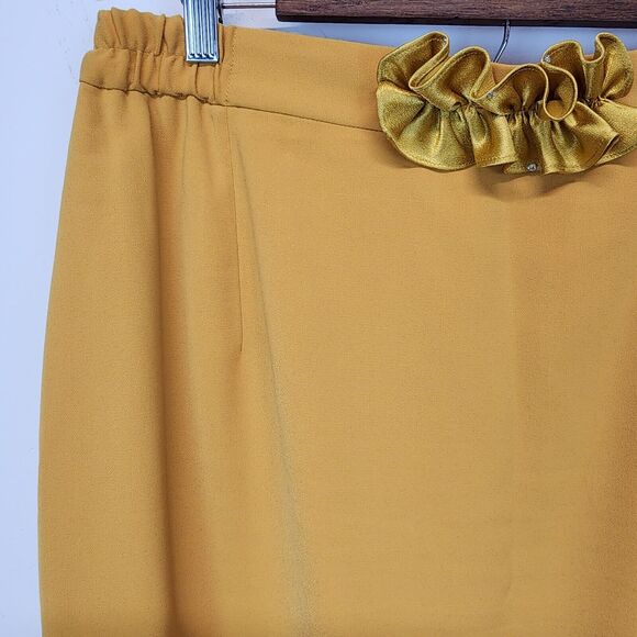 Vintage Louise Ricci Midi Skirt Size 16 Yellow Satin Ruched Bow Luxe Office Chic - Picture 4 of 16